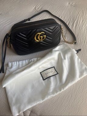 Gucci Black Chevron Quilted Leather GG Marmont Camera Bag with Gold Hardware